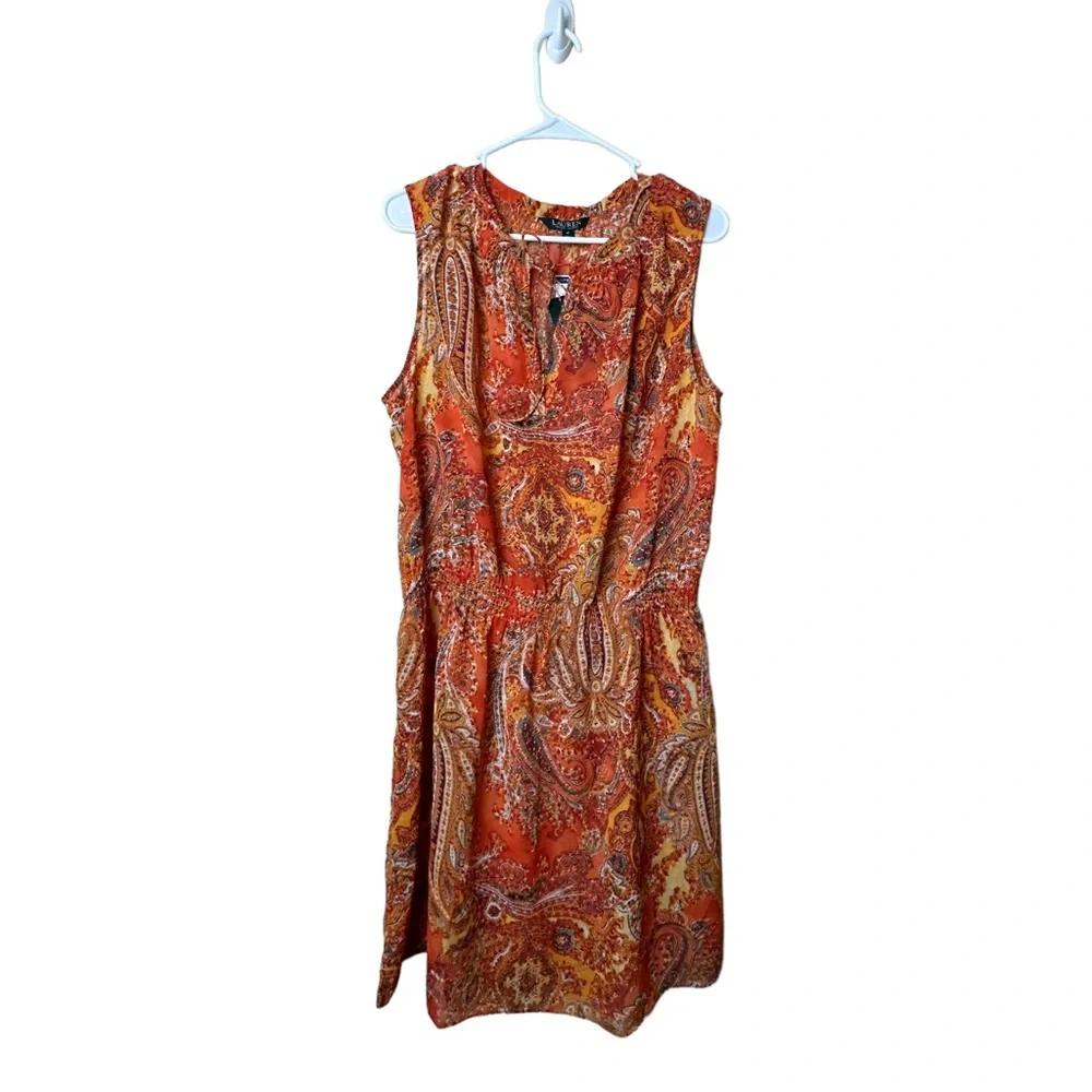 Lauren Ralph Lauren Split Neck Sheer Sleeveless Paisley Blouson Beach Dress 16 - Picture 2 of 11